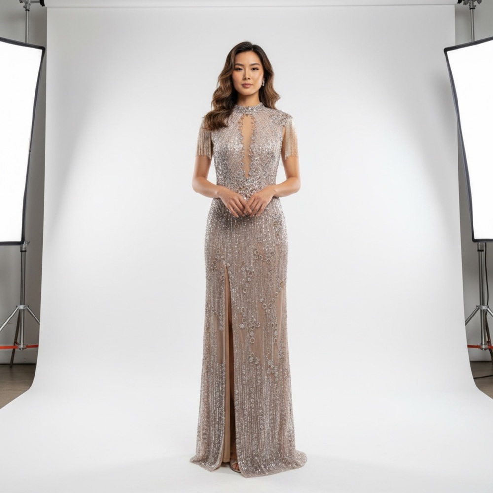 Mallini Silver Rhinestone Sequin and Beaded Dress